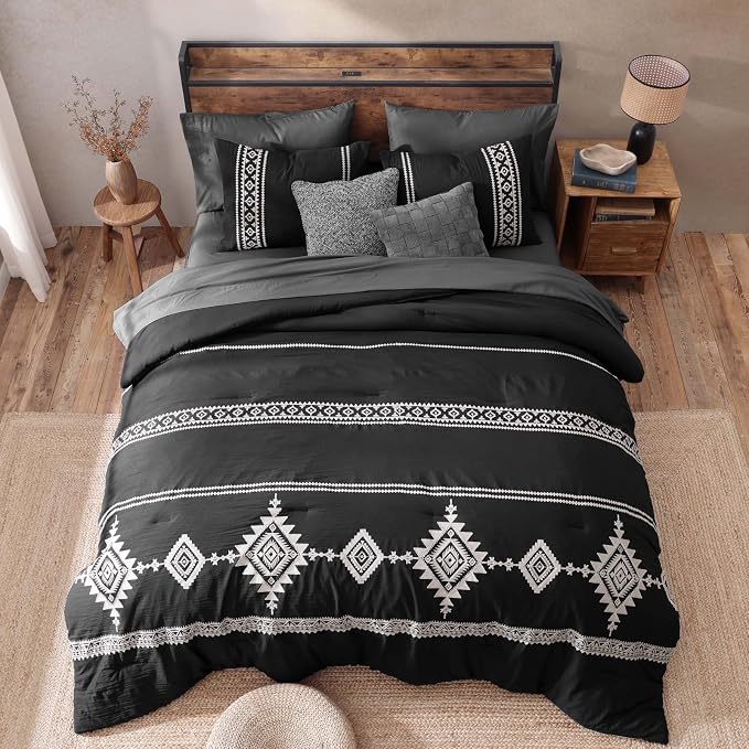 MaiRêve Embroidery Oversized Queen Comforter Set 7 Pieces Bed in a Bag | Black Western Boho Bedding Sets Farmhouse with Comforter, Sheets, Pillowcases & Shams