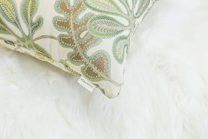 Mika Home Set of 2 Jacquard Tropical Leaf Pattern Throw Pillow Covers Decorative Pillowcase 22X22 Inches,Green Cream