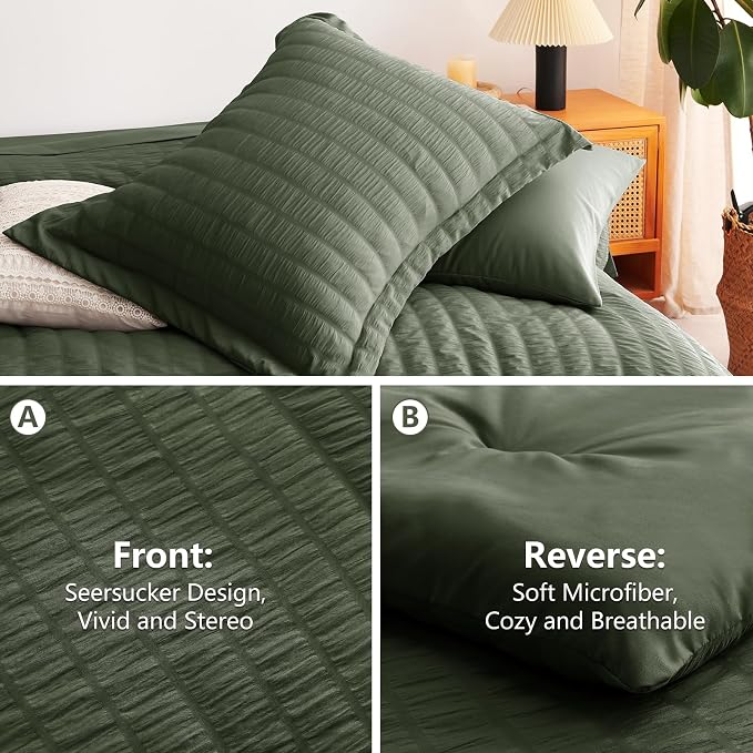 Full Size Comforter Set 7 Pieces Dark Green Seersucker Bed in a Bag | OEKO-TEX Certified, All Season Bedding Set with 240 GSM Down Alternative Comforter, Flat & Fitted Sheets, Pillowcases & Shams