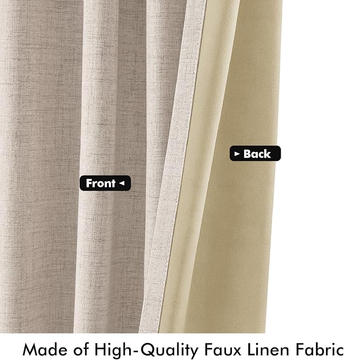 MIULEE 100% Blackout Linen Curtains 42 x 63 Inch Natural 2 Panels | Thermal Insulated, Room Darkening Drapes for Bedroom Living Room, Back Tab Rod Pocket Pinch Pleated, Solid Luxury Decor