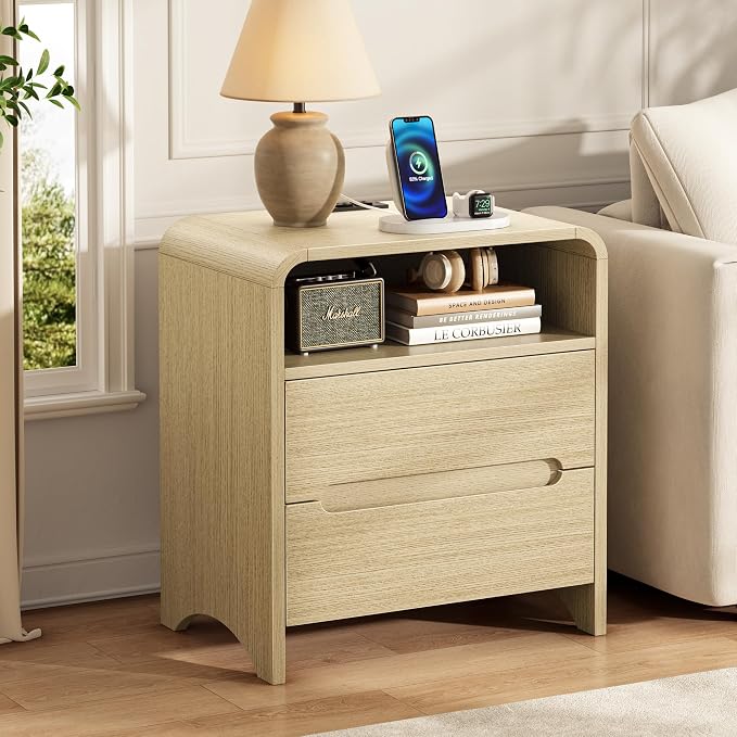 Decofy Nightstand Set of 2 with Charging Station & 2 Drawers, Light Oak | Mid Century Modern Curved Nightstands with Built-in Charging Station, Storage Space and 2 Hidden Handle Drawers