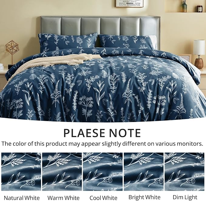 MUXHOMO Duvet Cover Twin/Twin XL Size Set, Reversible Floral Navy Duvet Cover with Zipper Closure, 2 Pieces Botanical Patterns Soft Microfiber Bedding Set with 4 Ties (68"x90", 1 Pillow Case)