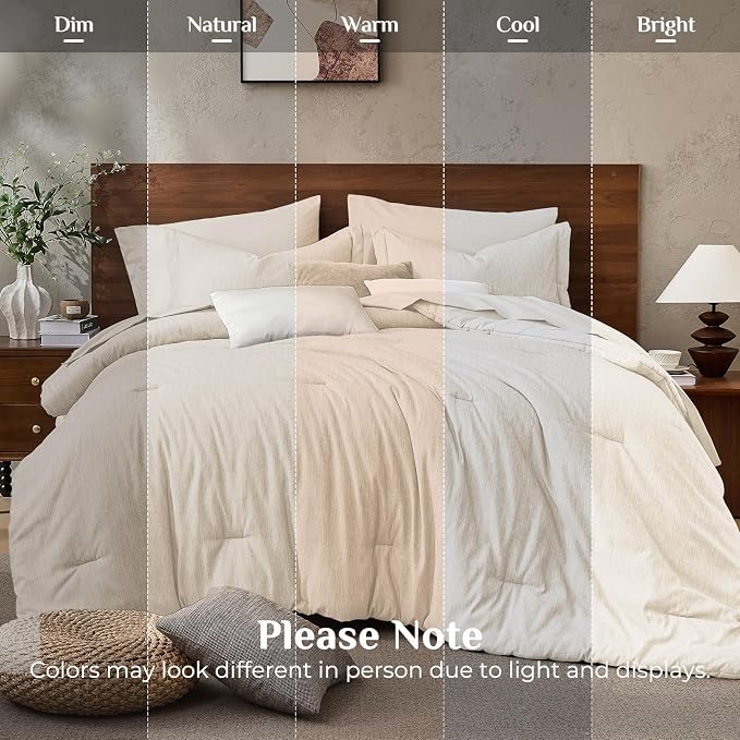JOLLYVOGUE Beige Full Comforter Set, Cationic Dyeing Bed in a Bag Full 7 Pieces, Double-Tone Bedding Set with Down Alternative Comforter, Sheets, Pillowcases & Shams