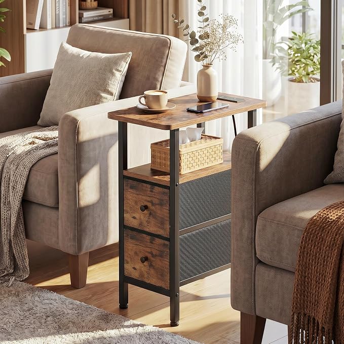 LOAKEKEL Narrow End Table with Charging Station, Small Nightstand | Skinny Side Tables Living Room with 2 Fabric Drawers, Slim Bedside Table for Bedroom, Small Spaces, Couch, Brown