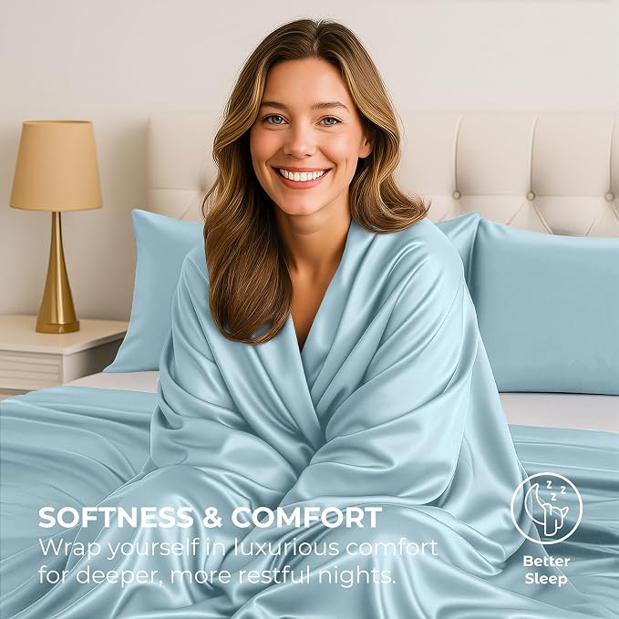 Satin Sheets King [4-Piece, Skyblue] Hotel Luxury Silky Bed Sheets - Extra Soft 1800 Microfiber Sheet Set, Wrinkle, Fade, Stain Resistant - Deep Pocket Fitted Sheet, Flat Sheet, Pillow Cases