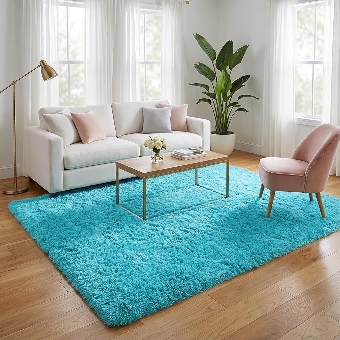 Modern Soft Fluffy Blue Shaggy Rug for Livingroom Bedroom Dorm Kids Room Indoor Home Decorative, Non-Slip Plush Furry Fur Area Rugs Comfy Nursery Accent Floor Carpet 5x8 Feet, Teal