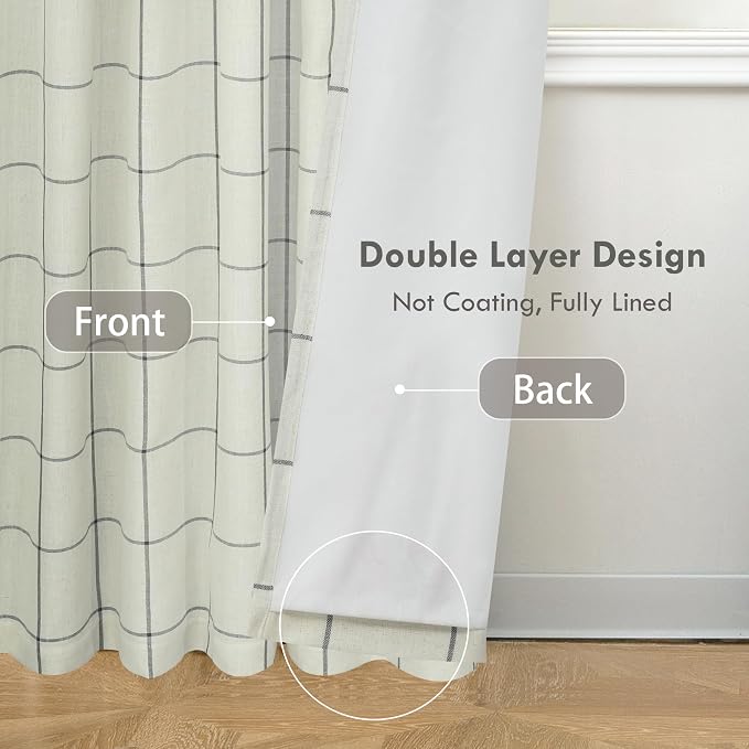 DriftAway 100% Blackout Plaid Linen Curtains 84 Inches Long 2 Panels Black | 100% Blackout, Linen Texture, Plaid Pattern, Two Layers, Rod Pocket & Back Tab, Bedroom Living Room Use, Luxury Appearance