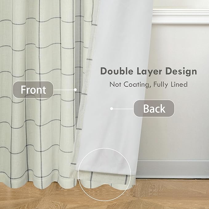 DriftAway 100% Blackout Windowpane Plaid Linen Curtains 36 Inches Black | Double Layer Farmhouse Drapes for Living Room Bedroom Yarn Dyed Woven Thermal Insulated Rod Pocket Back Tab 2 Panels