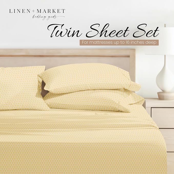 Linen Market Patterned Microfiber Twin Sheet Set 3 Piece – Oeko-TEX Certified Ultra Soft & Wrinkle-Free - 16" Deep Pocket Sheets - Easy Care Twin Size - Honeycomb Yellow