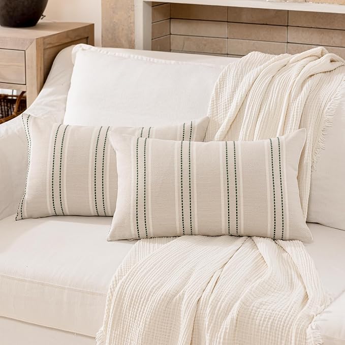 Hckot Stripe Throw Pillow Covers 12x24 Lumbar Dark Green Pillow Covers | Farmhouse Decorative Pillows Textured Cushion Covers for Sofa Couch Bed Living Room Decor