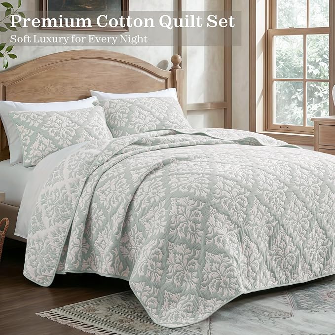 Exclusivo Mezcla Cotton Quilts Queen Size Sage Green | Soft Lightweight Bedspread, Breathable Prewashed Yarn Dyed Muslin, All Season Bedding Set, Boho Coverlet With 2 Pillow Shams