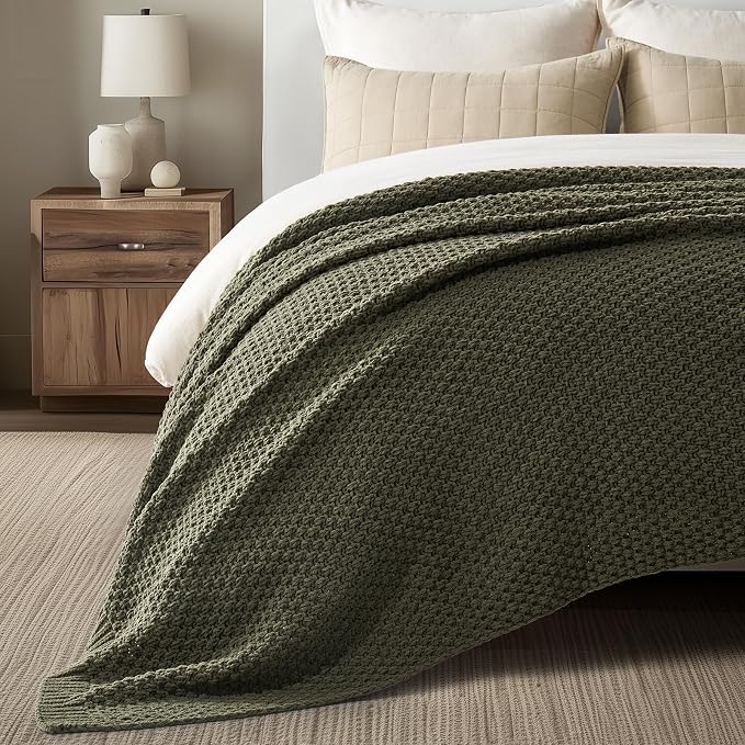 EVERGRACEHOME Chunky Chenille Knit Throw Blanket, 108x92, Olive Green | Sculpted Moss Stitch, Chic Modern Farmhouse, All-Season Warmth, OEKO-TEX® Certified, Oversized King for Couch, Bed, Sofa