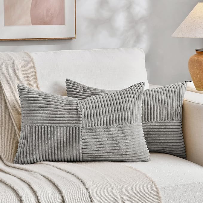 Fancy Homi 2 Packs Grey Lumbar Decorative Throw Pillow Covers 12x20 Inch for Living Room Couch Bed Sofa, Rustic Farmhouse Boho Home Decor, Soft Striped Corduroy Rectangle Accent Cushion Case 30x50 cm