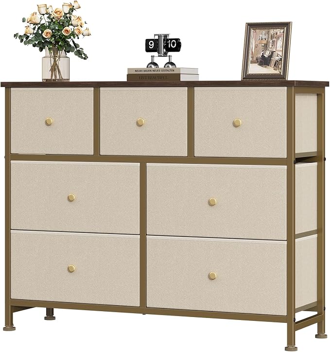 OLIXIS 7 Drawer Fabric Dresser, Storage Tower for Bedroom and Closet | Easy-Pull Bins for Closet Organizers, Chest of Drawers with Steel Frame & Wooden Top for Living Room, Entryway, Khaki
