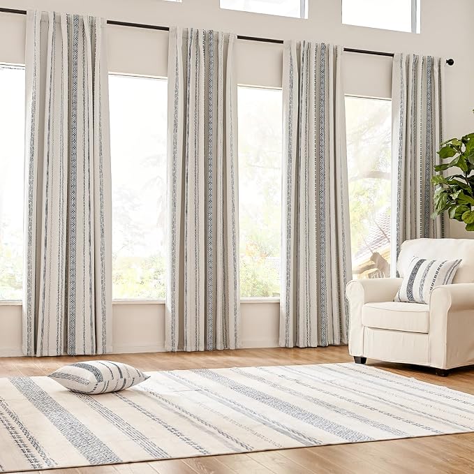jinchan Boho Blackout Curtains 96 Inches Long for Bedroom Living Room | Black on Beige Geometric Back Tab Farmhouse Curtains Room Darkening Thermal Window Treatments 2 Panels