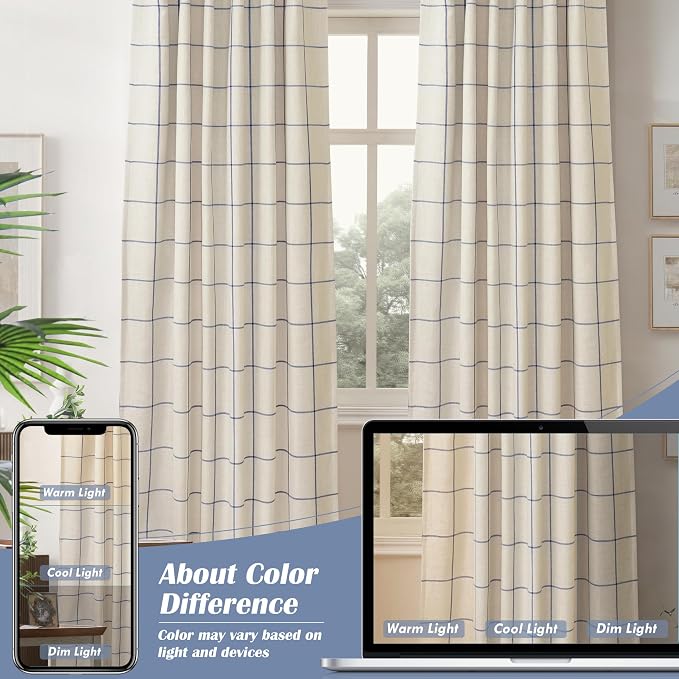 DriftAway 100% Blackout Plaid Curtains 63 Inches Long 2 Panels Navy Blue | 100% Blackout, Linen Texture, Plaid Pattern, Two Layers, Rod Pocket & Back Tab, Bedroom Living Room Use, Luxury Appearance