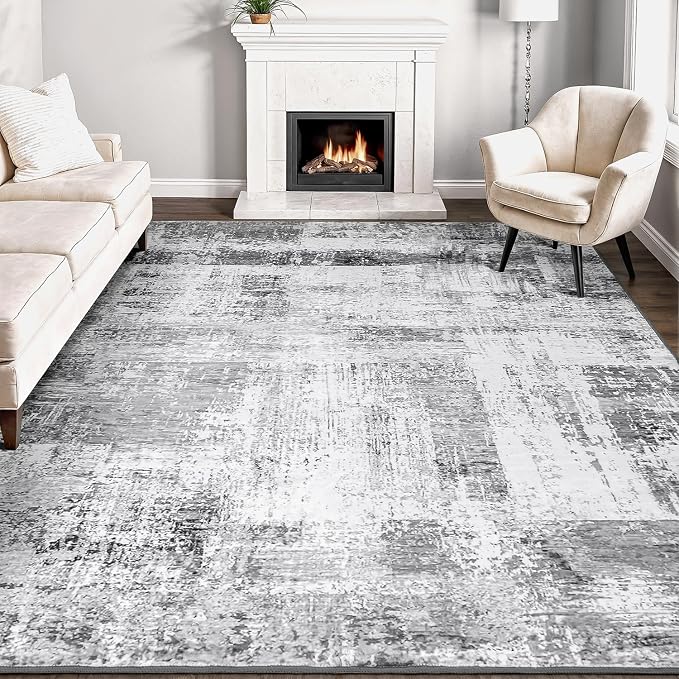 Rugflix 8x10 Area Rugs for Living Room, Washable Grey Large Rug | Machine Washable; Stain-Resistant; Low Pile; Non-Slip; Modern Abstract; Black Carpet for Bedroom Dining Office Nursery Home