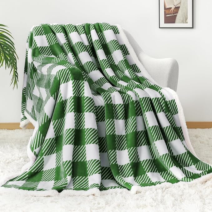 Sherpa Plaid Twin Blanket 60" X 70", Fuzzy Fluffy Soft Cozy Throw Blanket, Twin Size Plush Fleece Flannel Plush Microfiber Blanket for Couch Bed Sofa (GreenWhite)