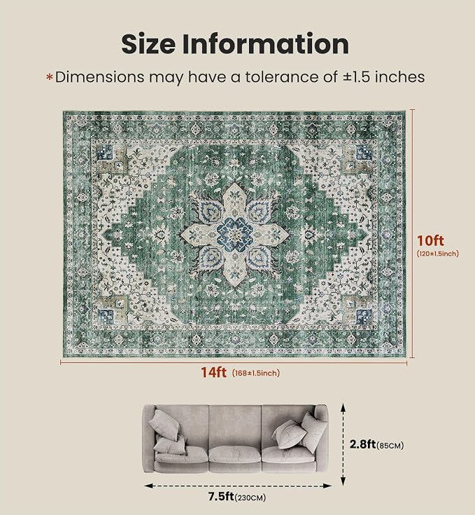 AMADA HOMEFURNISHING 10x14 Washable Area Rug, Low-Profile Large Area Rug with Non-Slip Backing & Durable Edge Binding, Vintage Large Rugs for Living Room, Bedroom & Dining Room