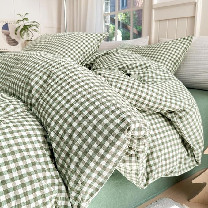 LifeTB Green Gingham Comforter Set California King Modern Style Green Plaid Grid Comforter with 2 Pillowcases Soft Fluffy Checkered Pattern Comforter Farmhouse Gingham Bedding Set Breathable
