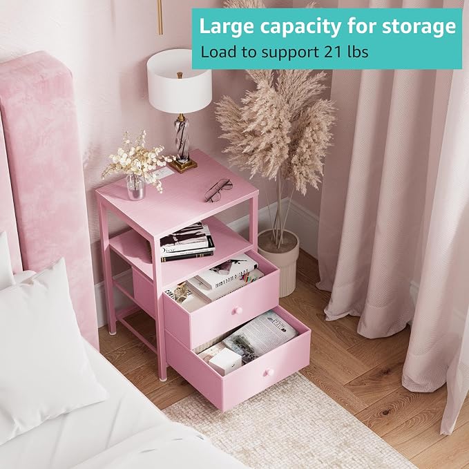BOLUO Pink Nightstand with Charging Station, LED Night Stand with 2 Fabric Drawers, Bedside Table with USB Ports and Outlets, Nightstand for Bedroom Modern
