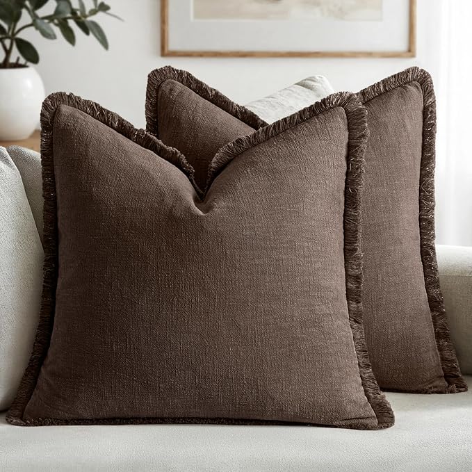MIULEE Boho Linen Fringe Decorative Fall Pillow Covers Reddish Brown 26x26 | Set of 2, Cottagecore Decor, Boho Farmhouse Neutral Pillow Covers, Rustic Fall Couch Cushion Cases for Sofa Bed Living Room