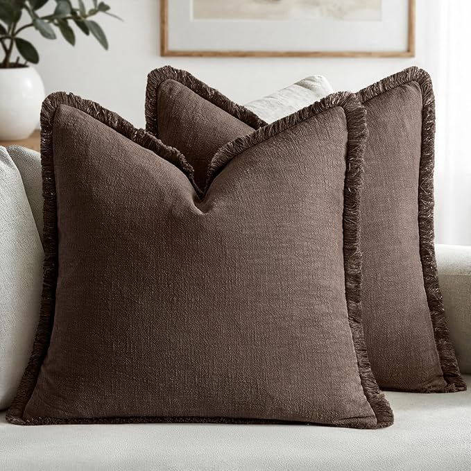 MIULEE Linen Fringe Decorative Fall Euro Pillow Covers Reddish Brown 24x24 | Set of 2, Cottagecore Decor, Boho Farmhouse Neutral Pillow Covers, Rustic Fall Couch Cushion Cases for Sofa Bed Living Room