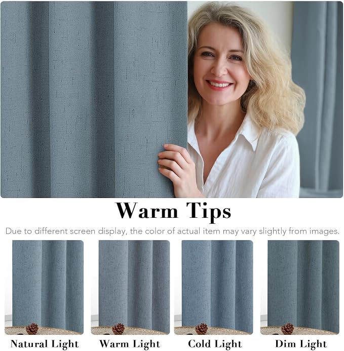 H.VERSAILTEX Blackout Curtains Linen Curtains 120 inches Long 100% Black Out Curtains for Bedroom Windows, Textured Linen Look Draperies Grommet with White Liner, 2 Panels, Stone Blue