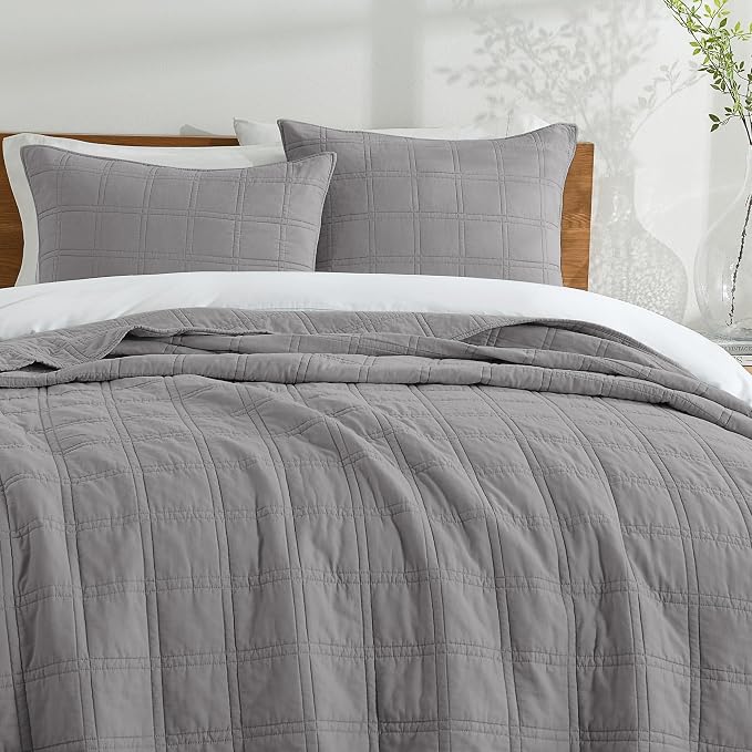 HORIMOTE HOME 100% Cotton Quilt Set Queen Size, Grey Pre-Washed Bedspreads Coverlet Set in Geometric Pattern, Cozy Lightweight Stitching Decorative Bedding Cover with 2 Shams for All Season