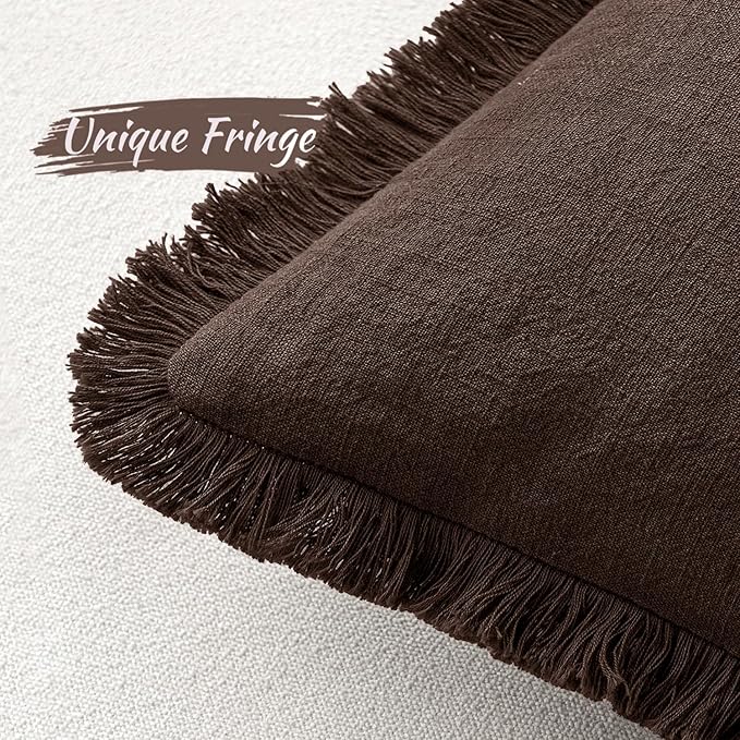 MIULEE Linen Fringe Decorative Fall Euro Pillow Covers Dark Brown 22x22 | Set of 2, Cottagecore Decor, Boho Farmhouse Neutral Throw Pillow Covers, Rustic Fall Couch Cushions for Sofa Bed Living Room