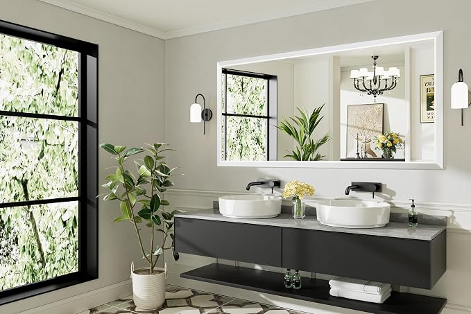Bathroom Wall Mirror, White Metal Frame, 72x36 Inch | Anti-rust, HD tempered glass, for bathroom vanity, bedroom, living room, horizontal or vertical mount