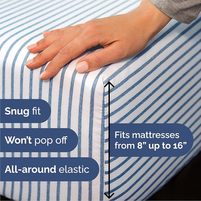 Queen Size 4 Piece Sheet Set - Breathable & Cooling Sheets - Blue Stripes | Hotel Luxury Bed Sheets for Women & Men, Deep Pockets, Easy-Fit, Extra Soft and Wrinkle Free Sheets, Oeko-Tex Bed Sheet Set