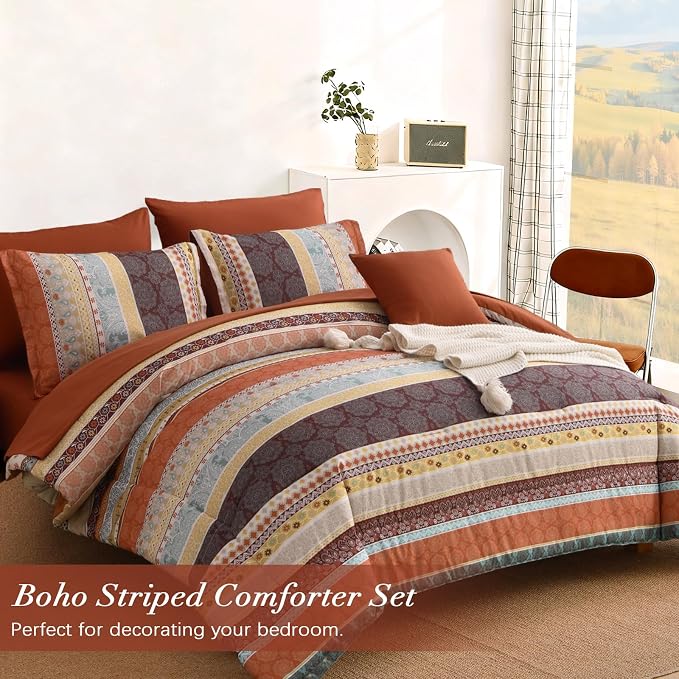 Cottolester Boho Comforter Set Full Size,8 Pieces Red and Orange Bohemian Striped Bed in a Bag,Paisley Soft Microfiber Bedding Comforter Set