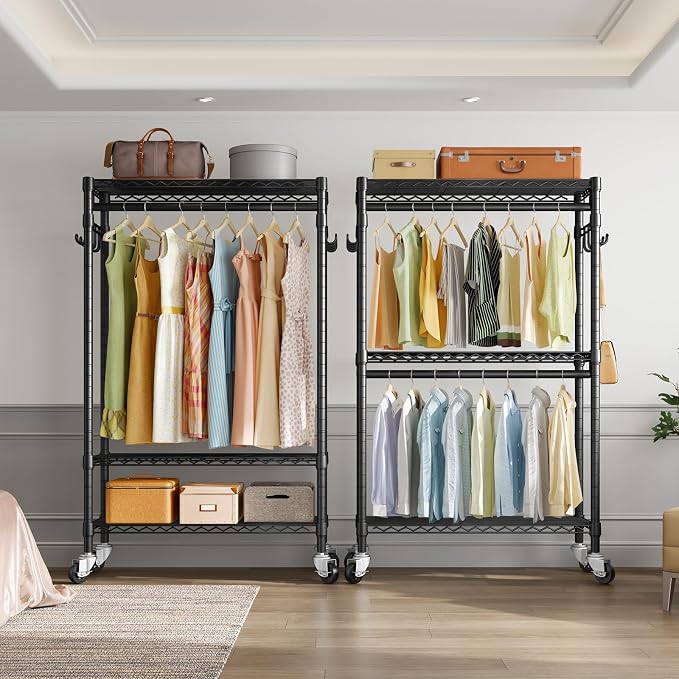 VIPEK R2 Clothes Rack for Hanging Clothes Rolling Clothing Rack Heavy Duty | Lockable Silent Wheels, Double Hanging Rods, Adjustable Wire Shelving/Side Hooks, Load 580lbs Space-Saving for Laundry, Black