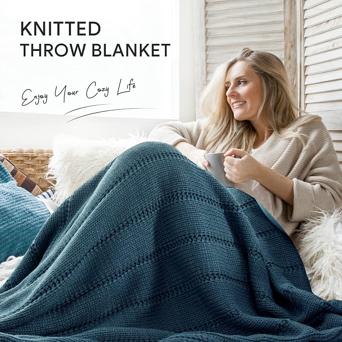 RECYCO Cable Knit Throw Blanket, Navy Blue, 60"x80" | 3.6LB, Soft Lightweight Warmth Layer, Breathable All Season Use, Decorative Home Accent, for Couch, Bed, Sofa
