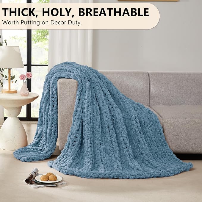 L'AGRATY Chunky Knit Throw Blanket for Couch, 60 x 80 Inches, Airy Blue | Handmade Chenille Crochet Blanket for Sofa Bed, Thick Cable Knitted Blankets for Room Home Decor, Birthday Gift for Women Mom