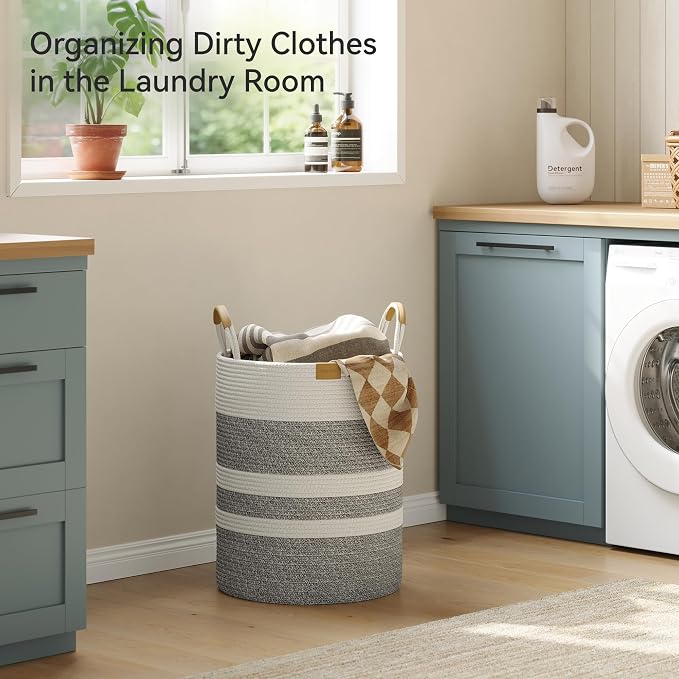 Nunsino 62L Striped Laundry Hamper with Leather Handles,Large Foldable Laundry Basket for Clothes,Cotton Rope Storage Bin for Blankets,Woven Clothes Basket for Bedroom,Gray Stripes