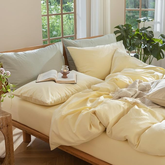 MooMee Duvet Cover Set 100% Washed Cotton Linen Like Oversized Queen | Relaxed Linen-like Texture. Soft, Breathable & Long-lasting Comfort. Lightweight. Hidden Zipper with 8 Interior Corner Ties