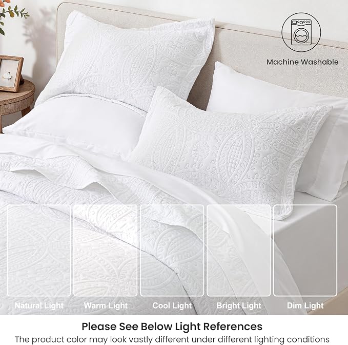 Love's cabin King Quilt Set White, Bed in a Bag King Size Bedding 7 Pieces, Ultrasonic Embossed Coin Pattern Comforter, Lightweight Bedspreads for All Seasons Quilt with Sheets, Pillowcases & Shams