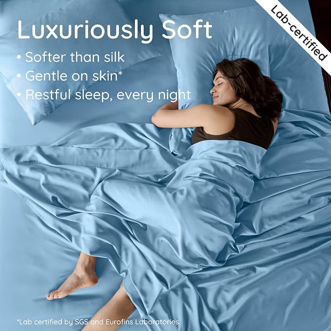 Bambaw 100% Viscose Derived from Bamboo Fitted Sheet, 16’’ Pocket King Bed Fitted Sheet Only, Cooling Fitted Sheets King Size, Breathable & Soft King Size Fitted Sheet with Corner Straps (Dream Blue)