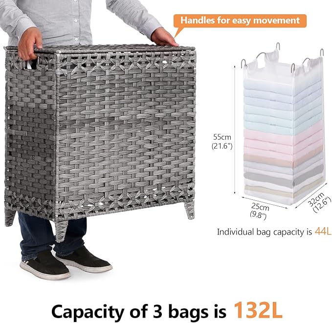 Laundry Hamper with 3 Removable Liner Bags, 132L Laundry Sorter with Lid | Raised Feet; Side Carry Handles; Handwoven PP Rattan; Rust-Resistant Iron Frame; Decorative Woven Design