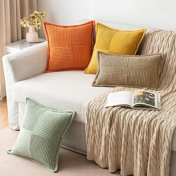 MIULEE Khaki Corduroy Decorative Euro Sham Pillow Covers 24x24 Inch with Splicing Set of 2 Soft Boho Pillow Covers Broadside Textured Pillowcases for Couch Bed Livingroom