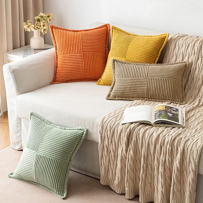 MIULEE Decorative Throw Pillow Covers for Couch 18x18 Inch Khaki 2 Pack | Boho Broadside Striped Patchwork Pillow Covers, Soft Corduroy Cushion Cases, For Sofa Bed Livingroom Home Decor