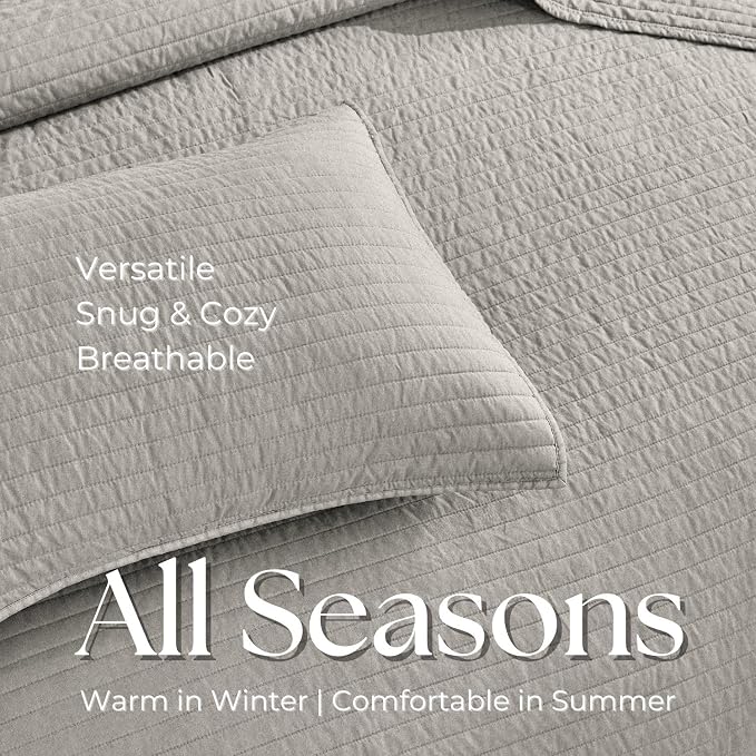 DOWN HOME Twin Quilt Bedding Set with Sham, Vintage Washed Soft Quilted Blanket Thin Comforter Lightweight Bedspread Coverlet Bed Cover, Brushed Microfiber Stripe Stitching, Light Gray, 66"x92"