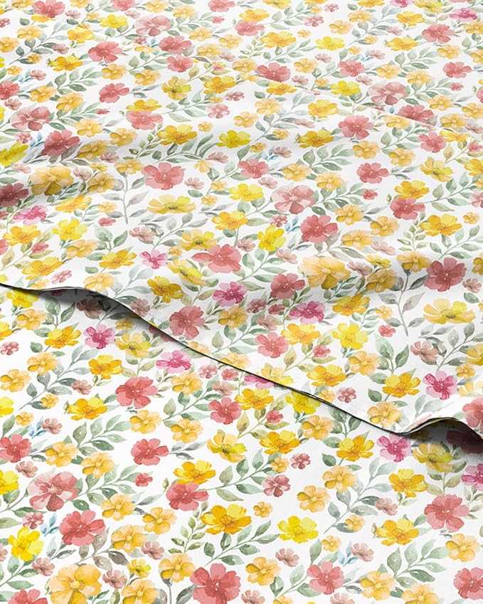 Twin 3 Piece Floral Sheet Set - Breathable & Cooling - Sun Kissed Bloom | 1 Flat, 1 Fitted & 1 Pillowcase w/ Deep Pockets, Boho Botanical Floral Bedding, Breathable & Cooling, Wrinkle & Fade Free