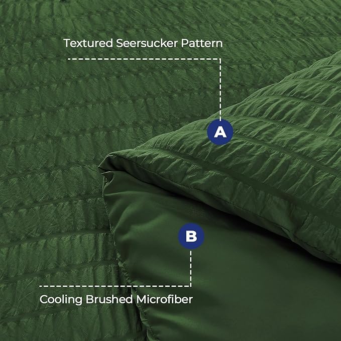 HYMOKEGE Dark Green Twin Size Duvet Cover, Ultra Soft 2-Piece Seersucker Duvet Cover Set with Zipper Closure, Soft Brushed Microfiber Bedding Set with 8 Corner Ties (68"x90", 1 Pillowshams)