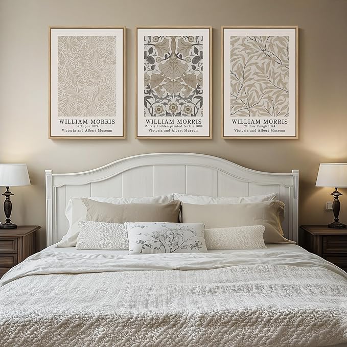 Framed William Morris Vintage Wall Art Set of 3, Large Neutral Botanical Floral Canvas Prints, Nature Rustic Boho Artwork for Living Room, Bedroom, Hallway or Office, 24x36 Inch