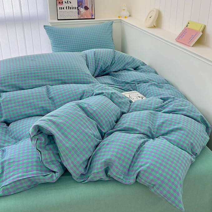 LifeTB Green Gingham Comforter Set King Modern Style Checkered Pattern Comforter Set Fluffy 3 Pieces Green Purple Grid Bed Comforter with 2 Pillowcases Lightweight Gingham Plaid Bedding Set King