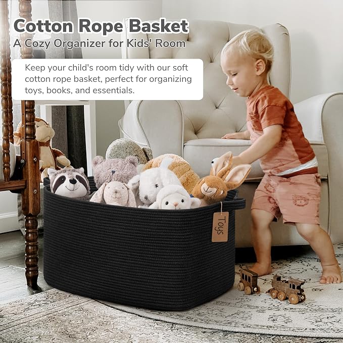 Goodpick 75L Extra Large Woven Rope Blanket Basket, Rectangle, Black | 22" × 17" × 12" Decorative Storage Basket for Pillows, Toys & Clothes, Fits Bedroom & Nursery Organization, Writable Label