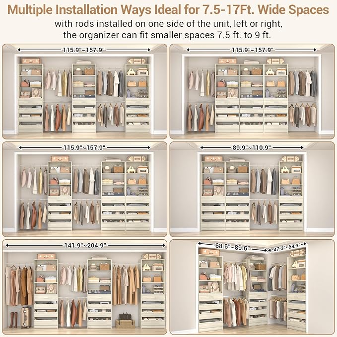 Aheaplus Closet System with 12 Drawers, 8.5-11.5Ft Wood Closet Organizer | White Oak Closet Storage with 4 Hanging Rods & 3 Towers, 4Ft & 6Ft L-Shaped Walk-in Closets Wardrobe Organizer, Set of 3